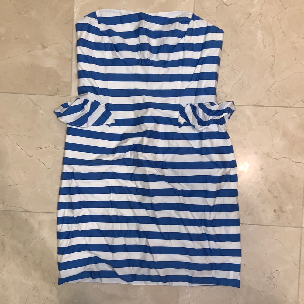 Blue and white striped strapless dress